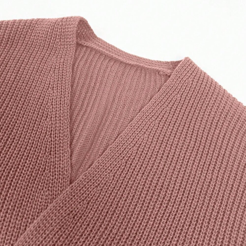 Pink Casual Women's Solid Color Lantern Sleeve Cardigan - Picture 7 of 8